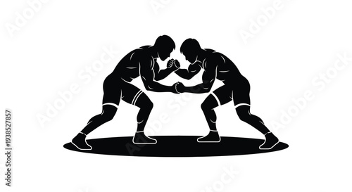 Two silhouetted wrestlers engage in a fierce grappling match locked in a close physical contest