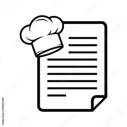 Minimalist Line Art Illustration of a Recipe Card or Restaurant Menu with Chef's Hat Icon