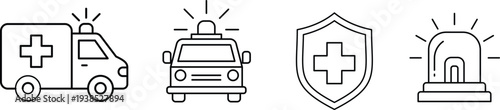 Emergency medical service icon set with ambulance and siren light