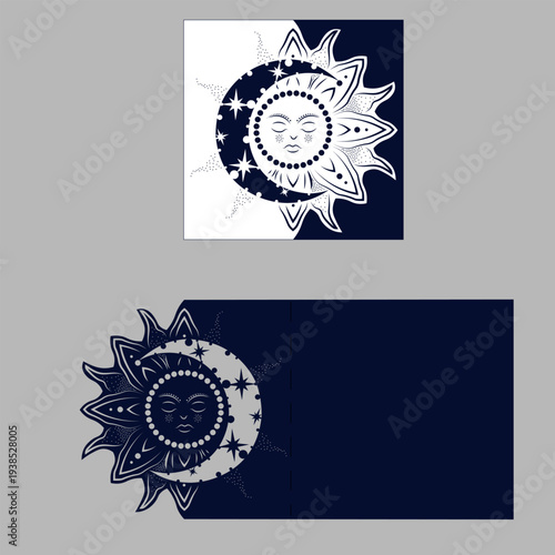 Layout congratulatory envelope with carved pattern. The template for greetings, invitations, etc. Picture suitable for laser cutting, plotter cutting or printing. Vector. Sun. Moon