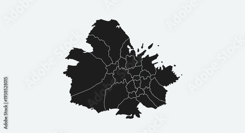 Black silhouette map of Auckland, New Zealand, divided into regions, on a light grey background.