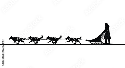 A silhouetted image depicts a dog sled team in motion pulled by six huskies high quality