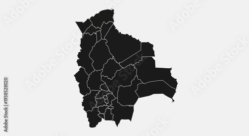 Black Silhouette Map of Bolivia Divided into Departments on a Gray Background