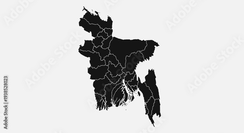 Black Silhouette Map of Bangladesh with Administrative Divisions on White Background