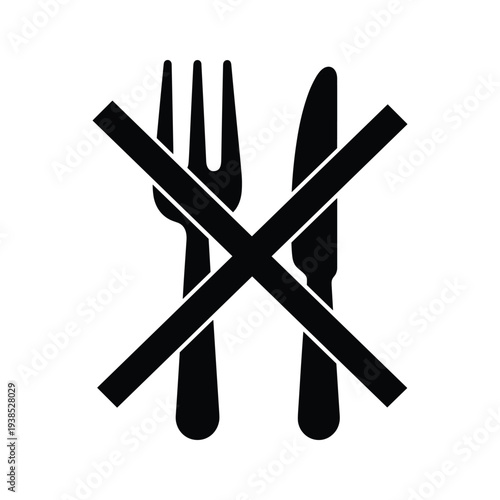 Prohibited Eating Icon - Crossed Out Fork and Knife Sign Silhouette on White Background