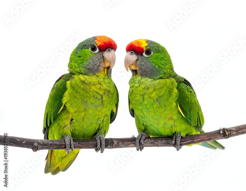Two green parrots perch on a branch, displaying red and yellow head markings, against a stark white backdrop