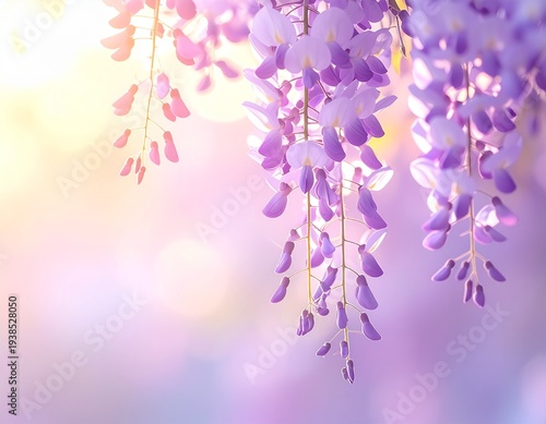 delicate wisteria flowers hanging from above,_soft spring sunlight,_shallow depth 