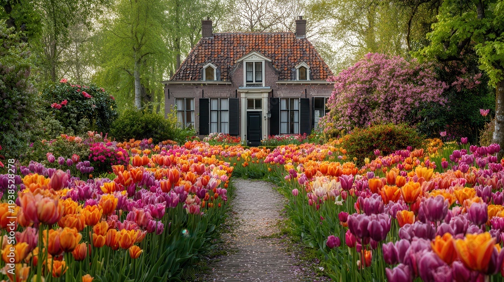 Obraz premium Picturesque garden cottage surrounded by vibrant spring tulip flowers