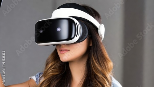 Woman wearing white virtual reality headset in studio setting.