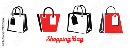 Set of Shopping Bag Icons with Price Tags, Red and Black Vector Illustrations for Retail and E-commerce Branding
