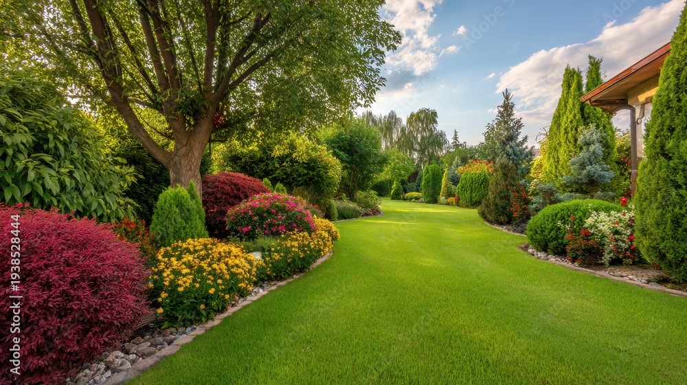Naklejka premium Beautiful lush backyard garden with green lawn and blooming flower beds