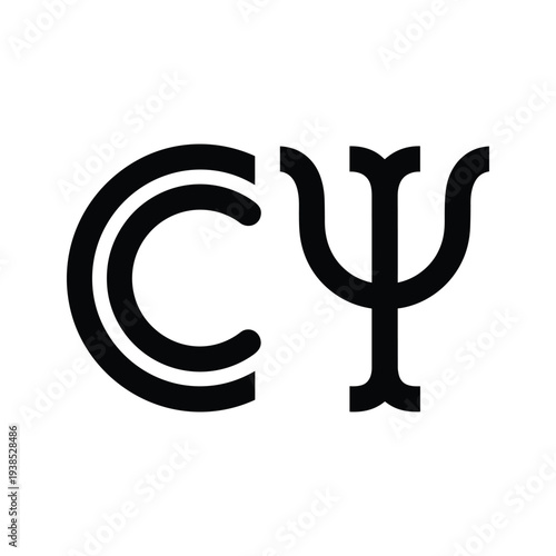 Minimalist Graphic Design of Stylized Letter C and Greek Psi Symbol on White Background