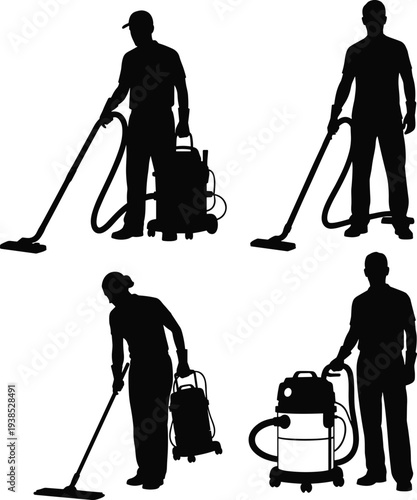 Vacuum cleaner operator silhouettes, janitorial poses, industrial cleaning icons, black vector set, sanitation illustration, equipment usage, workplace hygiene