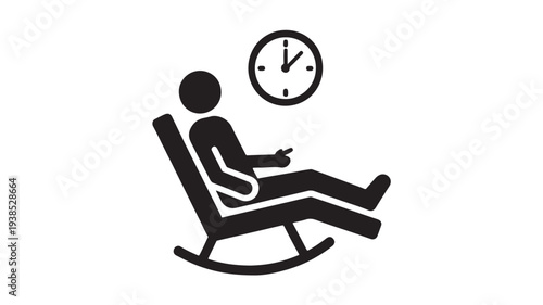 Minimalist Vector Icon of a Person Relaxing in a Rocking Chair with a Wall Clock Representing Retirement Leisure and Time Management