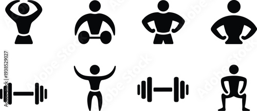 Gym Fitness Icons Set – Bodybuilding, Workout, Dumbbell, Barbell & Squat Silhouette Vector Icons