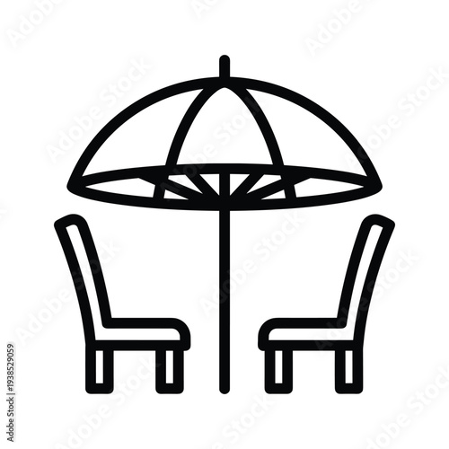 Minimalist Outdoor Patio Seating Icon with Umbrella and Chairs Line Art Vector Illustration