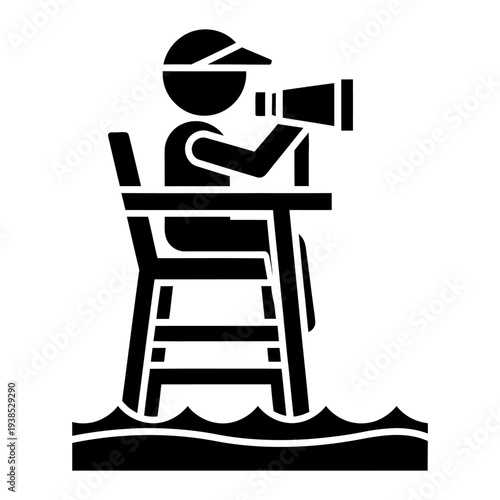 Lifeguard sitting on high chair looking through binoculars at the beach minimalist black icon