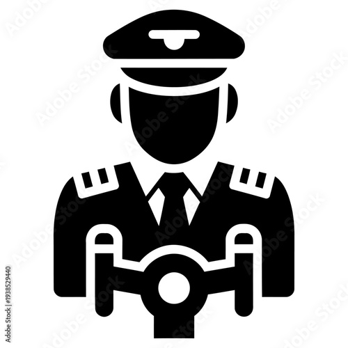 Pilot icon steering an aircraft in a cockpit, minimalist black silhouette design