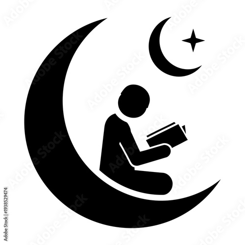 Silhouette of a person sitting on a crescent moon reading a book with a star in the night sky icon