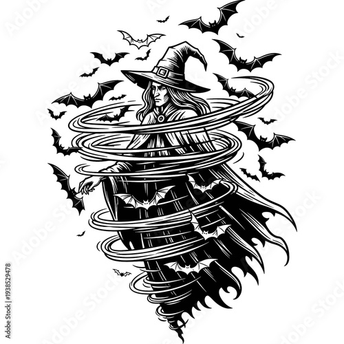 Powerful sorceress in a mystical hat, surrounded by a swirling magical vortex and numerous flying bats, creates an enchanting and eerie scene of dark fantasy