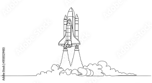 Space Shuttle Launching with Exhaust Smoke Line Art Isolated