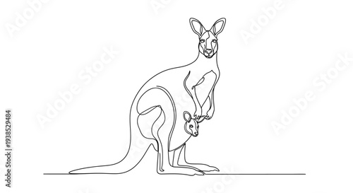 Mother Kangaroo with Joey in Pouch Continuous Line Art Isolated on White Background
