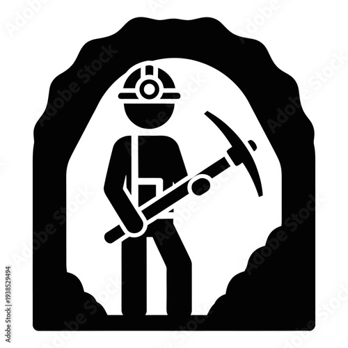 Miner icon holding a pickaxe inside a mine tunnel, black and white silhouette graphic