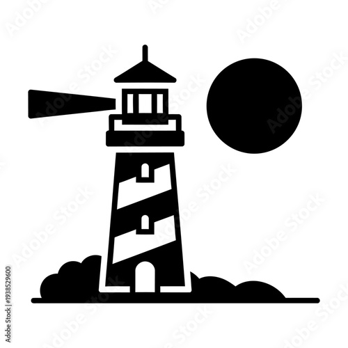 Lighthouse icon with light beam and sun on rocky shore, black and white minimalist vector illustration