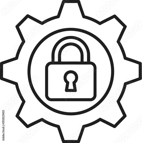 A large gear symbol contains a centered padlock icon, clearly illustrating secure system configuration and protection.