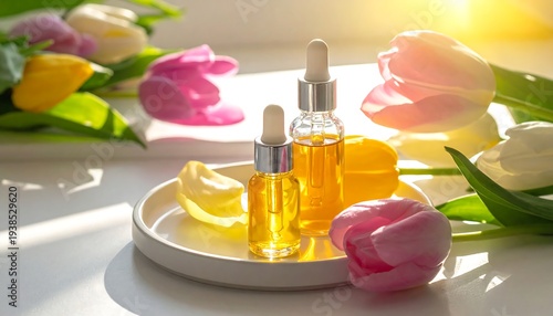 Two serum bottles on a plate, surrounded by colorful tulips, bright sunlit window in background