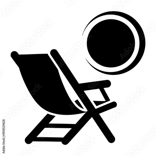 Beach chair and sun icon representing summer vacation and relaxation in a minimalist black silhouette style