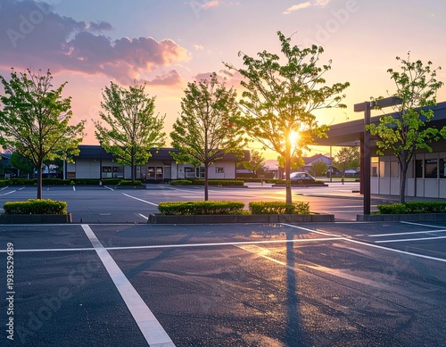 Japanese convenience store parking lot in early spring evening, soft sunset light