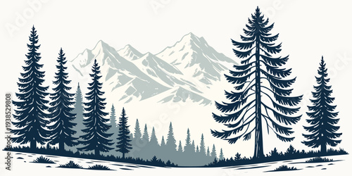 Majestic mountain landscape with dense forest and snow-capped peaks Vector