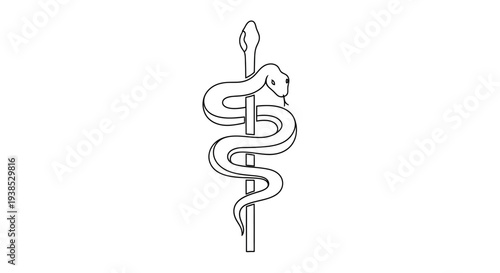 Rod of Asclepius Medical Symbol on White Background Line Art