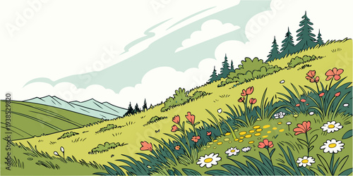 A picturesque landscape of rolling hills and vibrant wildflowers under a clear blue sky. Vector