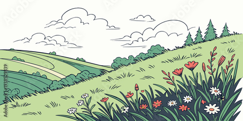 A flock of birds flying over a vibrant field of wildflowers and lush greenery. Vector