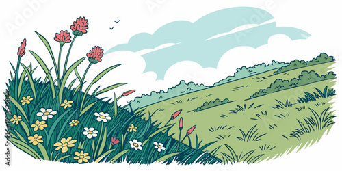 A vibrant landscape of wildflowers blooming on a hillside under a clear blue sky Vector