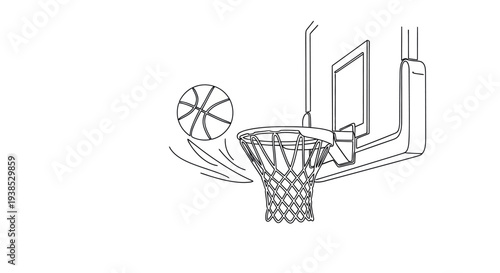 Basketball Hoop with Ball Going Through Net, Line Art Illustration