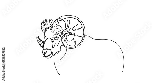 Ram Head with Curved Horns Line Art Illustration