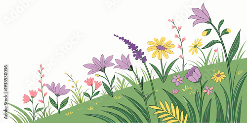 A vibrant field of wildflowers in full bloom on a sunny day Vector