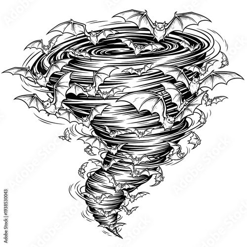 Dynamic monochrome illustration capturing a powerful tornado formed entirely by a swirling multitude of flying bats, creating an eerie and mystical whirlwind effect