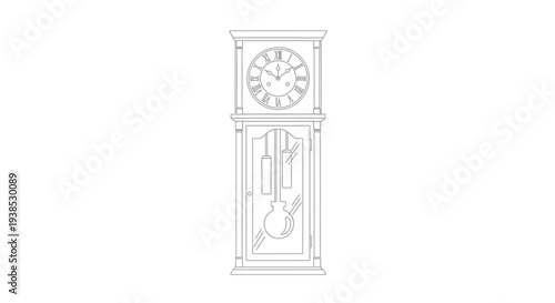 Grandfather Clock Line Art Drawing Isolated on White Background