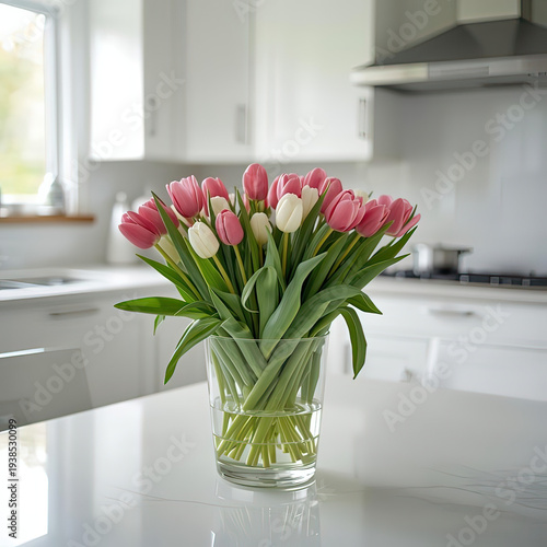 Vibrant pink and white tulips in modern kitchen vase