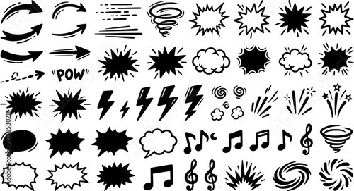 Movement or motion lines isolated vector set. Comic speed and boom effect symbols. Funny bubbles or clouds, arrows, track and trace. Funny smoke and steam, black and white explosions, dynamic actions