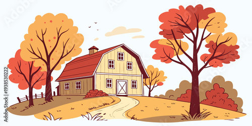 A picturesque autumn scene with a cozy house surrounded by colorful trees Vector