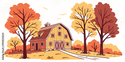 A serene autumn landscape with a quaint house surrounded by colorful trees Vector