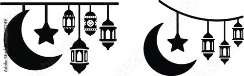 Black crescent moon star and hanging lanterns on white background