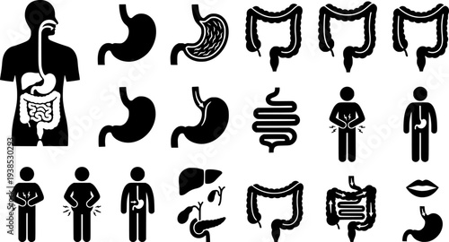 Diarrhea icon set. Diarrhea stomach gut health icons. Intestine digestive system vector symbol. Vector Illustration. EPS 10

