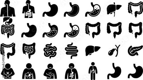 Diarrhea icon set. Diarrhea stomach gut health icons. Intestine digestive system vector symbol. Vector Illustration. EPS 10
