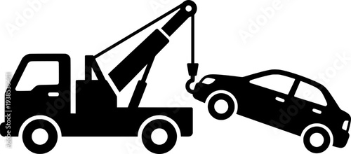 simple tow truck towing broken down car silhouette side view icon symbol transparent background
